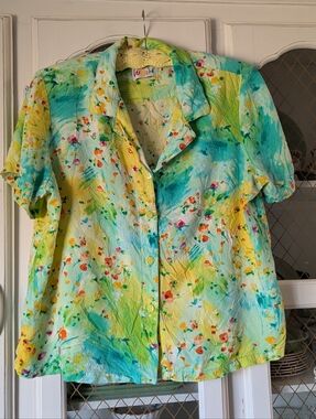 VTG 80s Hawaiian Top Vivid Watercolor Floral Button-Up Blouse - Yellow & Teal